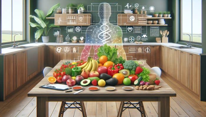 Advances in Anti-Inflammatory Diets: A vibrant table with anti-inflammatory foods like fruits, vegetables, whole grains, and healthy fats in a modern UK kitchen.