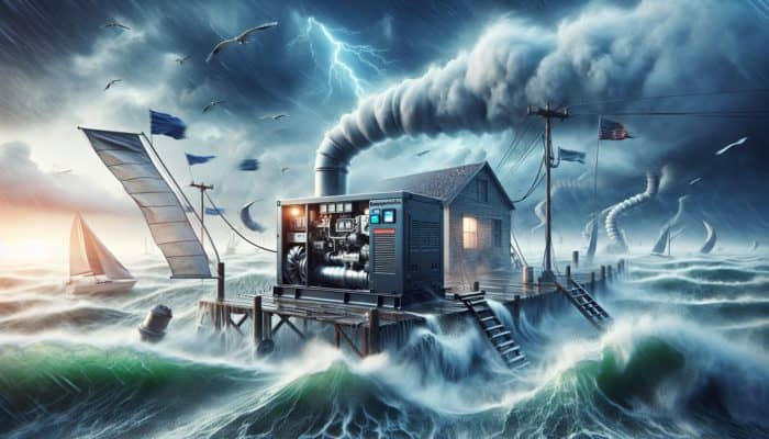 Hurricane Generator Use: A hurricane generator powering essential appliances in a resilient home during a stormy coastal scene.
