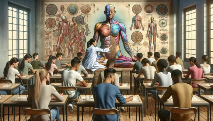 Students learning acupuncture in a classroom, with anatomy charts and a mentor demonstrating techniques on a model.