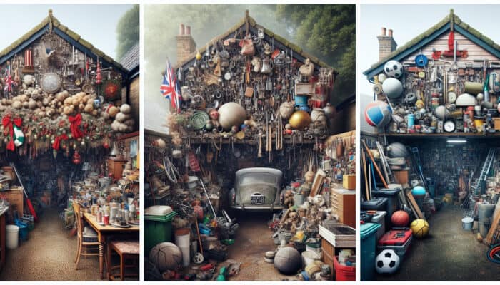 Autumn Decluttering for House Clearance: A cluttered UK loft, garage, and garden shed filled with old items and tools.