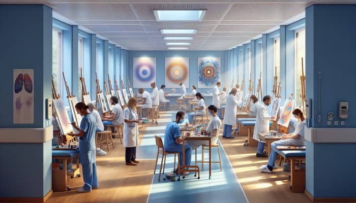 A serene UK hospital room with art therapists and medical professionals guiding patients in creative activities.