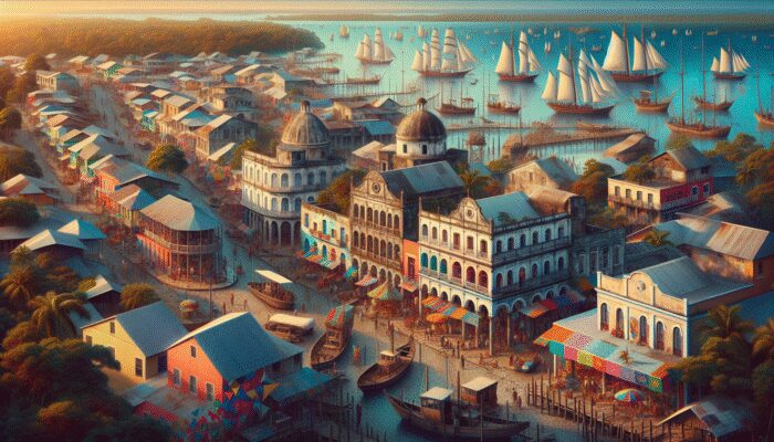 Collage showcasing Belize City's history: Maya ruins, British colonial architecture, 19th-century logging docks, and modern urban life with cultural festivities.