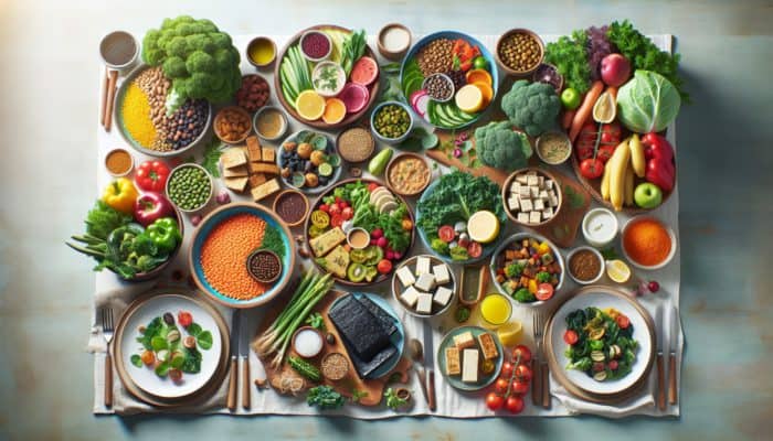 A vibrant vegan dinner table with dishes rich in protein, iron, calcium, vitamin B12, and omega-3 fatty acids.