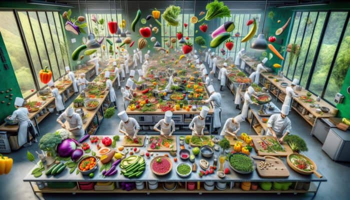 Chefs preparing colourful vegan dishes in a modern, eco-friendly kitchen.