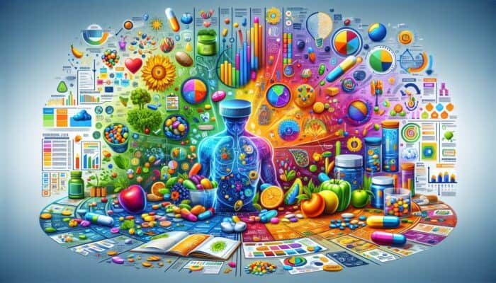 A colourful infographic illustrating the benefits and uses of dietary supplements, catering to various learning styles.