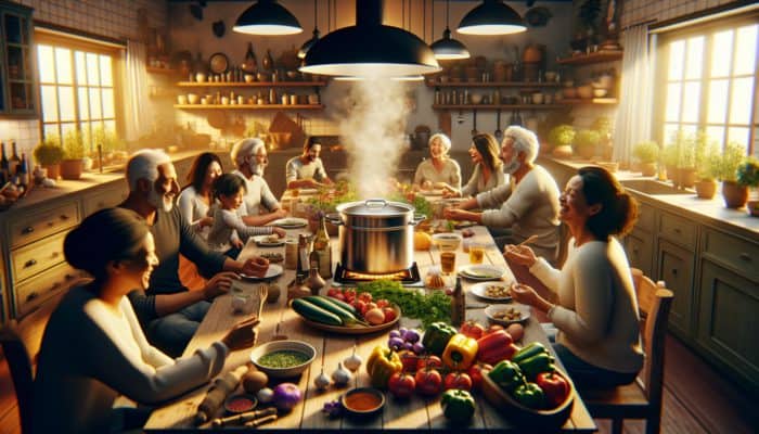 A diverse family enjoying a steaming one-pot meal in a cosy kitchen.
