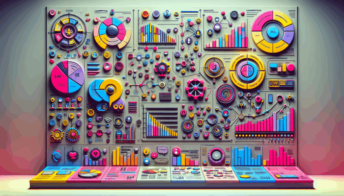 A vibrant social media dashboard showing audience demographics, engagement graphs, SMART goals, and icons for competitor analysis and diverse content types against evolving digital trends.