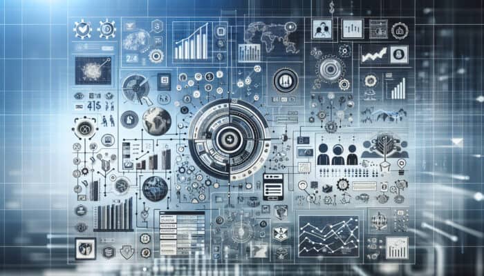 Infographic showing tech company research elements: financial performance, products, market trends, with icons and graphs on a tech-themed background.