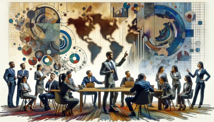 Diverse professionals analysing regulatory documents with charts and a global map showing regional compliance variations.