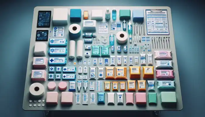 A variety of medical tissue wipes on a clinical table, neatly organised and labelled.