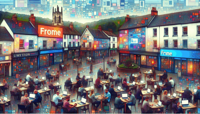 Frome town square with small businesses, digital billboards showing marketing strategies, professionals analyzing data on laptops.