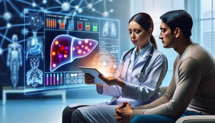 A healthcare professional reviewing liver blood test results with a patient on a digital tablet, showcasing graphs and charts.