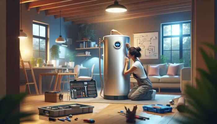 Modern hot water tank installed in a stylish Ladner, Delta basement, serviced by an experienced plumber.