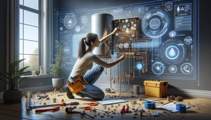 A qualified installer connecting a hot water tank to electrical and plumbing systems in a modern residence.