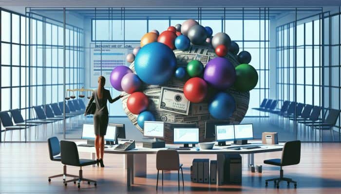 Examining Debt Consolidation: UK Guide | DCL Infographic detailing UK debt consolidation with charts, individual managing debts, and unified loan in a modern office environment.