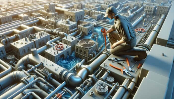 Drain Services in New Westminster: A skilled plumber inspecting and repairing a complex drainage system in New Westminster.