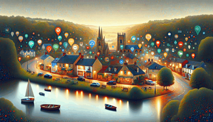 A digital marketing scene in Stow-on-the-Wold, showcasing small businesses utilising local SEO and Google My Business.
