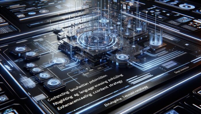 A futuristic digital interface showcasing algorithms, SEO tools, and glowing neural networks representing Google's BERT.