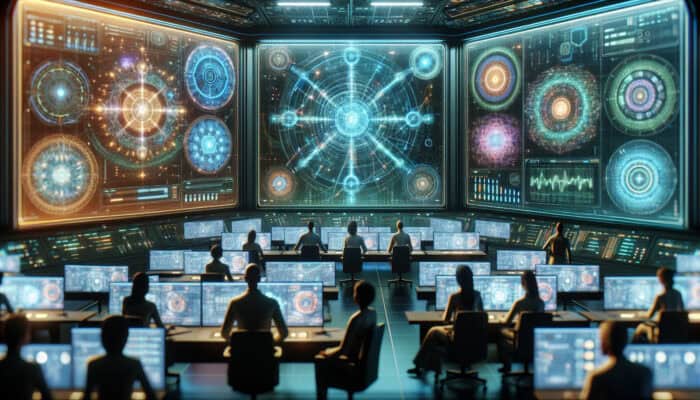 A futuristic control room with experts analyzing virtual assistant operations using holographic interfaces and advanced technology.