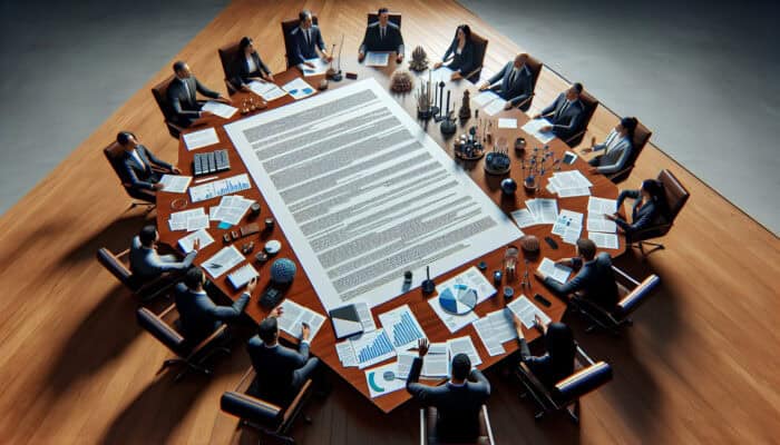 A legal document on a table with professionals discussing human vas project collaboration, surrounded by charts and graphs.