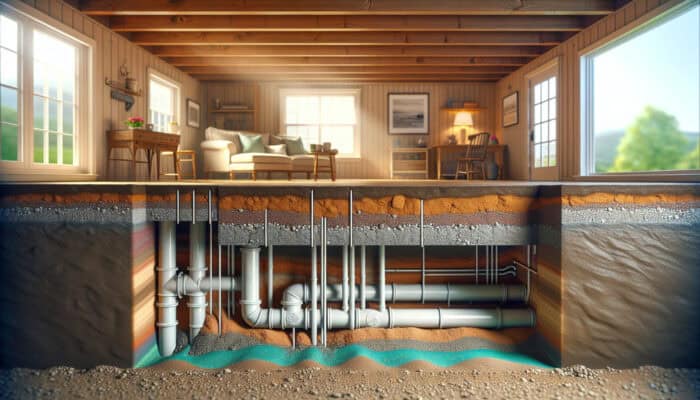 Cross-section of residential crawl space showing drainage pipes diverting water, with clay soil retaining moisture and sandy soil allowing runoff under soft light.