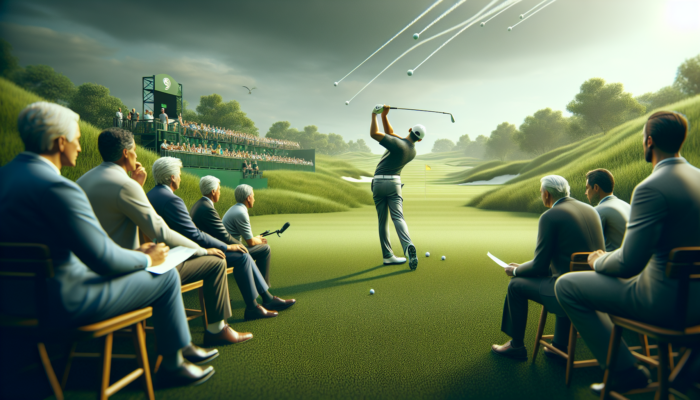 Golfer executing a fade shot on a green course, with experts analysing the technique.