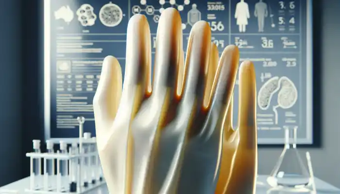 Latex Gauntlet Gloves in Maidstone: Close-up of glossy latex gauntlet gloves made from natural rubber, showing flexible bent fingers, waterproof sheen, and durable texture in a sterile lab.