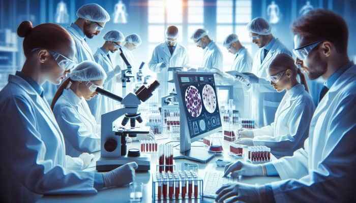 Scientists in a modern Bolton lab analyzing Vitamin B12 samples with advanced microscopes and analyzers for precision and reliability.