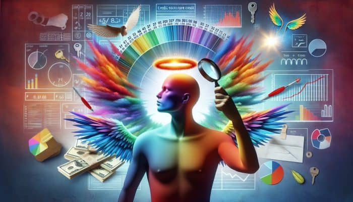 A person using a magnifying glass on a colorful credit score report with symbols of financial freedom.