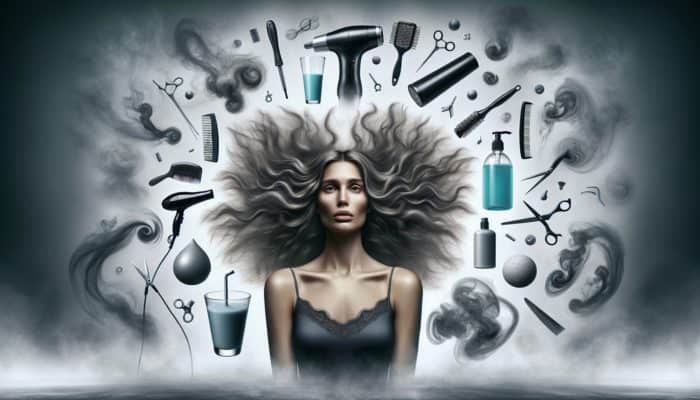 A woman with frizzy hair in a cold, windy setting surrounded by styling tools, chemicals, and pollutants.