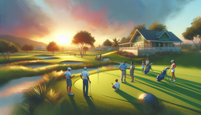 A tranquil family golf resort at sunset with experts discussing on a green course, children playing, and a welcoming clubhouse.