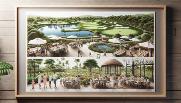 A family golf resort with eco-friendly features like organic dining and wildlife protection, set in a lush landscape.