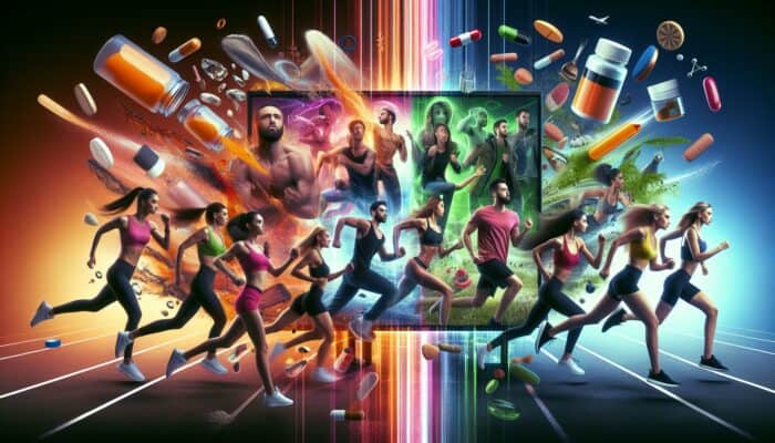 A split-screen illustration: left shows an energetic TikTok video of individuals showcasing rapid supplement transformations; right illustrates a detailed TV scene depicting character growth through product use.