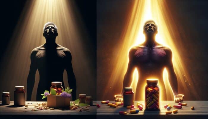 A weary individual in a dimly lit room discovers a vibrant supplement bottle, transforming into an energetic, joyful figure illuminated by warm golden light.