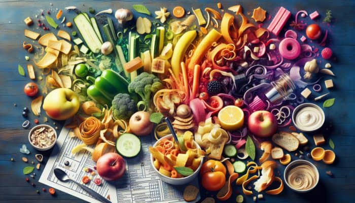 A lively kitchen scene showcasing food scraps transformed into delectable upcycled dishes.