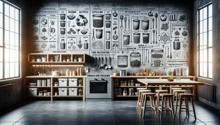A kitchen scene displaying food scrap storage, upcycling recipes, and preservation techniques like freezing, dehydrating, and fermenting.