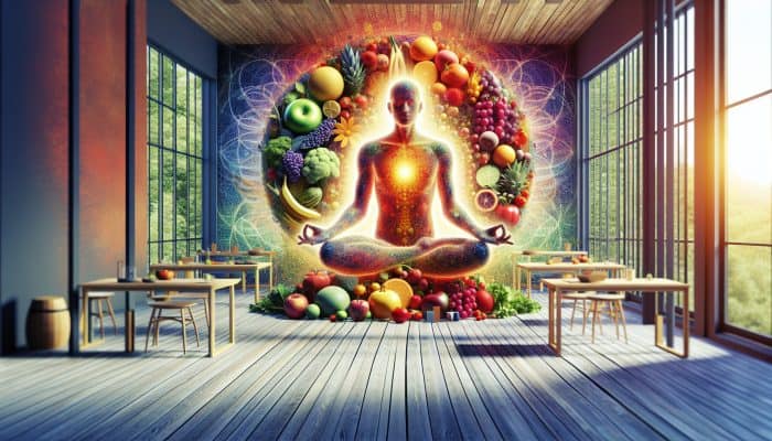 Nutrition for Yoga Practitioners: A yoga practitioner in a sunlit studio surrounded by fruits, vegetables, and lush greenery, symbolising holistic wellness.