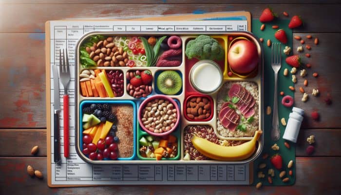 A colorful, balanced nut-free school lunch with lean meats, legumes, dairy, whole grains, and fruits and vegetables.