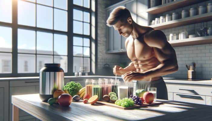 A fit athlete in a sunlit kitchen mixing pre-workout supplements with fresh fruits, vegetables, and protein shakes on the counter.