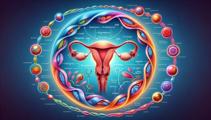 Educational diagram of hormones estrogen, progesterone, FSH, and LH as flowing streams around a stylized female reproductive system, illustrating menstrual cycle phases.