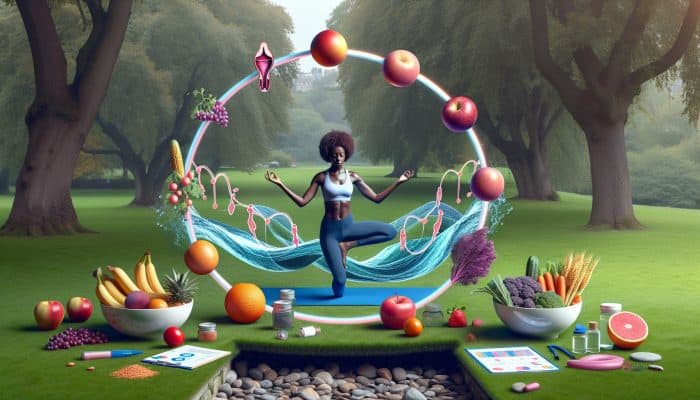 A diverse woman practicing yoga in a serene UK park, surrounded by fresh fruits, vegetables, and wave symbols for hormonal health.