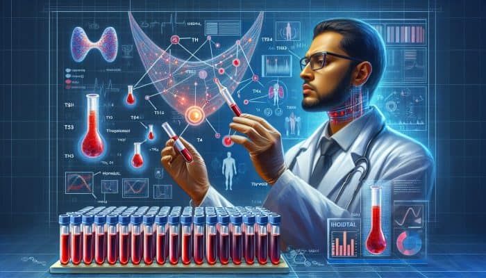 What Tests Diagnose Thyroid Issues?: A technician in a lab coat examines blood vials labelled TSH, T4, and T3 in a contemporary NHS laboratory, surrounded by digital thyroid diagrams.