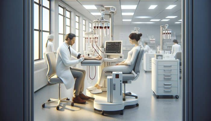 A doctor in a lab coat draws blood from a patient's arm for thyroid testing in a modern clinic equipped with high-tech devices.