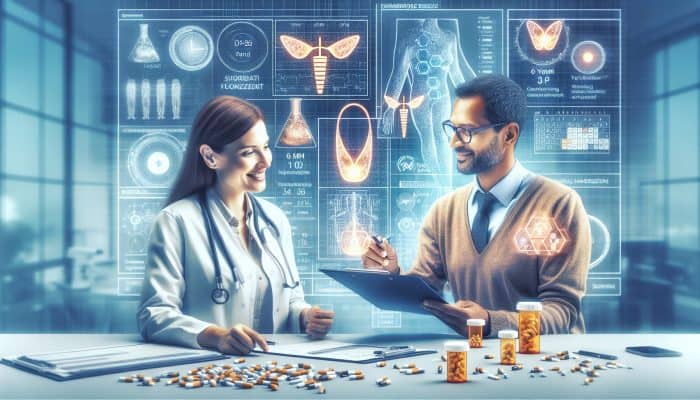 A caring doctor in a modern UK clinic reviews thyroid results with a patient, surrounded by charts, a follow-up calendar, and pill bottles.