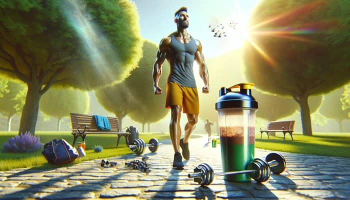 How to Start Using Protein Supplements: Determined athlete, sweat-glistened after a run, holding a whey protein shake in a sunny park with gym gear nearby.