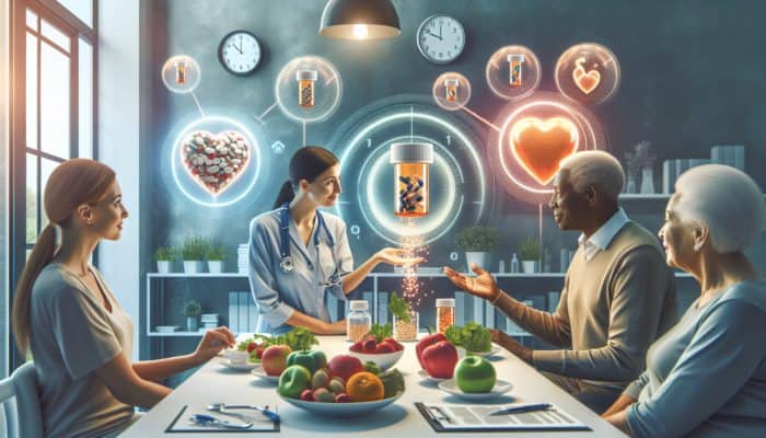 Doctor consulting patients in modern clinic on heart supplements, with labeled pill bottles, timing clocks, fresh meals, and glowing heart icons.