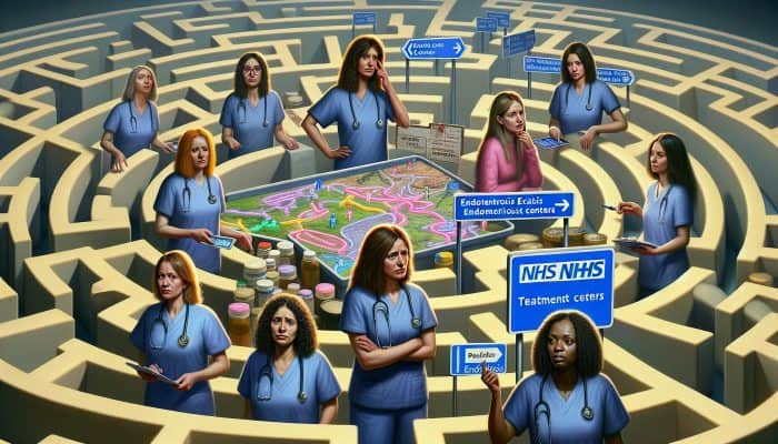 Diverse UK women navigating the NHS maze, showcasing varying access to endometriosis treatment centres.