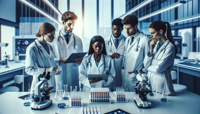 Medical experts in white coats discuss ferritin blood test results in a modern West Bromwich lab with test tubes and microscopes.