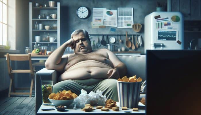 A middle-aged person lounging on a sofa, appearing fatigued and overweight, surrounded by snacks in a cluttered kitchen, illustrating the effects of metabolism.