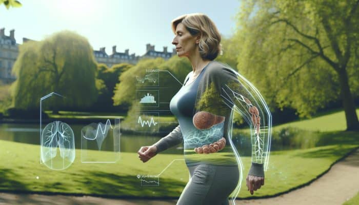 A middle-aged British woman in perimenopause, displaying weight gain and muscle loss in a tranquil UK park, symbolising resilience and health awareness.
